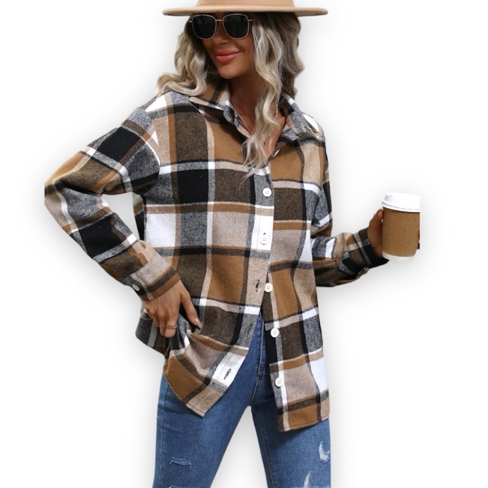 New Bohemian Casual Khaki Soft Collard Plaid Print Button Front Blouse Large - Picture 7 of 11